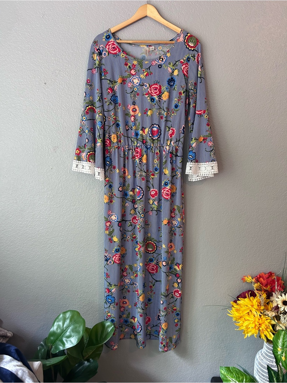 Tacera Blue Striped Floral Maxi Dress with Multicolor Blooms Size Large